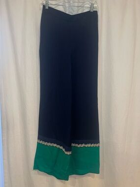 LK Bennett Navy Wide-Leg Trousers with Emerald Hem Detail
